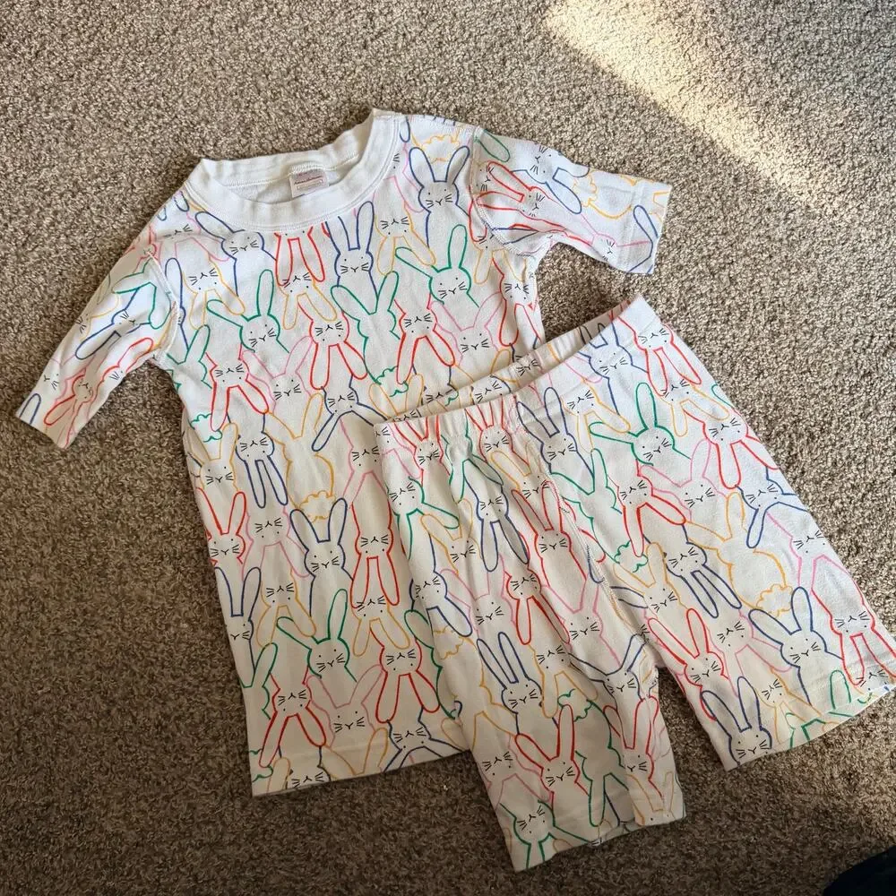Hanna Anderson Pajama Shirt Shorts Set Size 10 Bunny Rabbit Rainbow